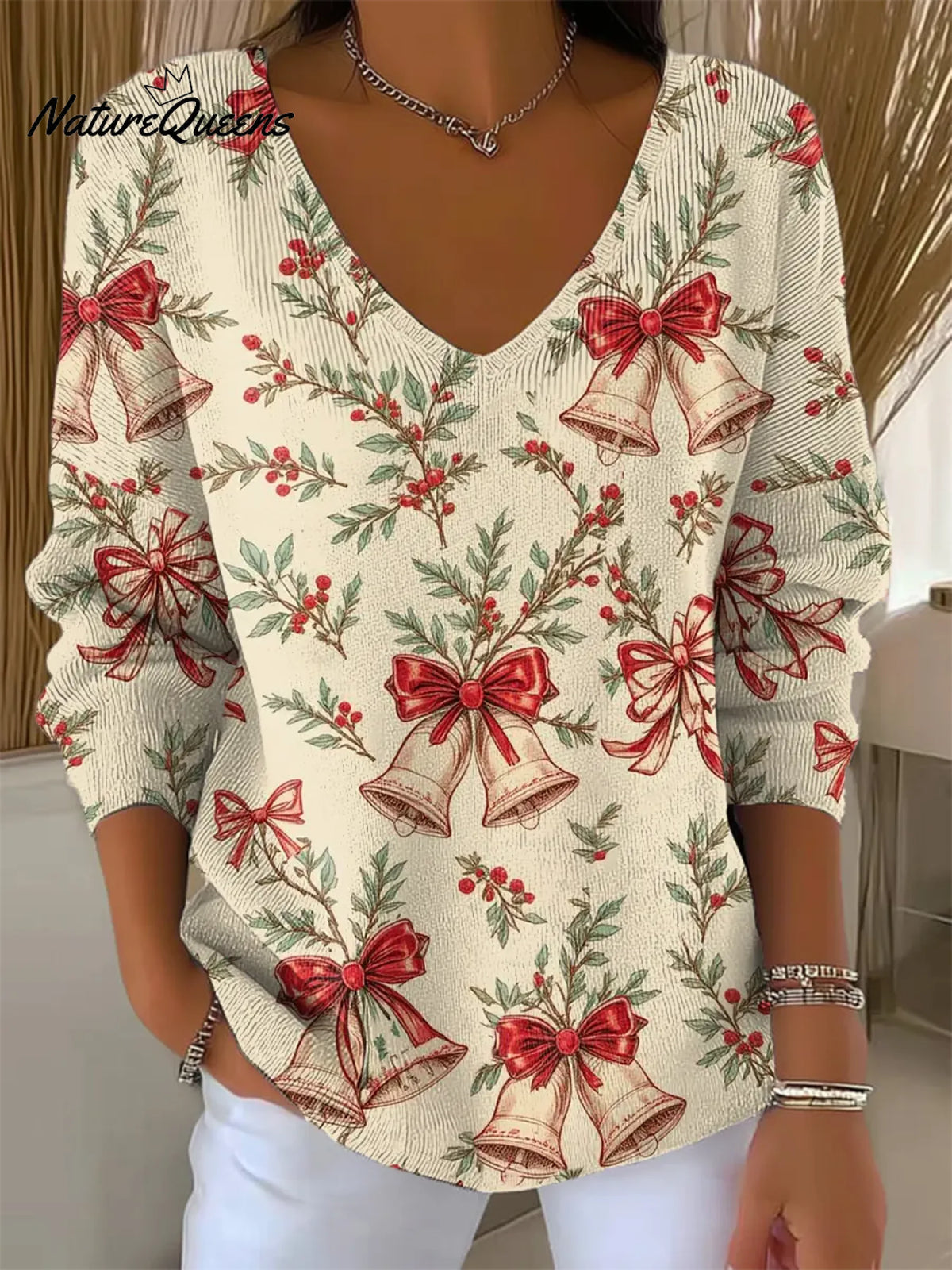 Women's Vintage ChristmasArt Print CasualSweater