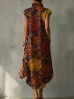 Retro Floral Decorative Pattern Women‘s Bud Collar Cotton Linen Dress