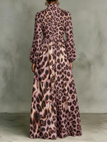 Classic Leopard Print Color-block Dress — Featuring A Turn-down Collar, Cinched Waist, And Flared Skirt