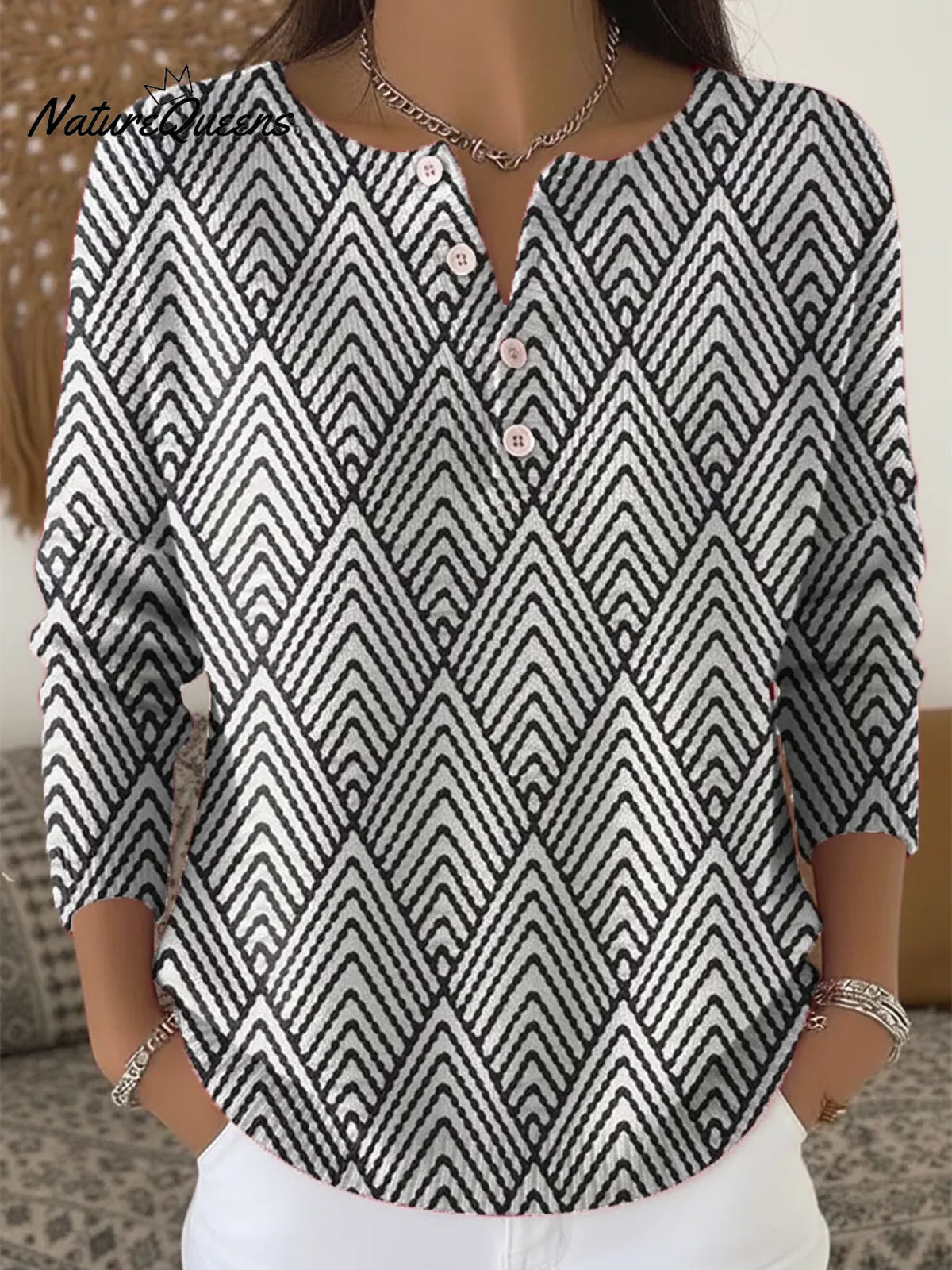 Women's Vintage Abstract Geometry Art Print Buttoned Cardigan Sweater