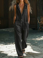 Casual Polo Collar Button-up Denim Jumpsuit