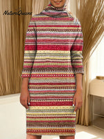 Women's Vintage Pattern Art Print Casual Turtleneck Cotton Knitted Sweater Dress