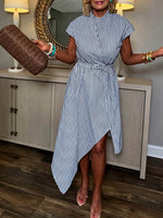 Women's Striped Print Stand-collar Short-sleeve Casual Loose Cotton-linen Dress