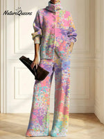 Women's Abstract Pattern Art Print Casual Cotton Knitted Suits