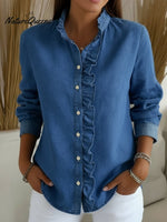 Elegant Lace-collared Denim Shirt Top