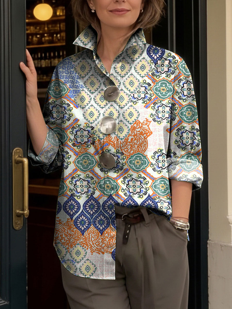 Women's Artistic Floral Print Metal-button Shirt