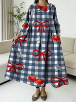 Women's Plaid Bow Cherries And Stars Decorative Pattern Casual Peter Pan Collar Long Sleeve Dress