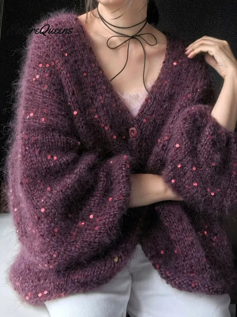 Dreamy V-neck Sequined Knit Cardigan Sweater