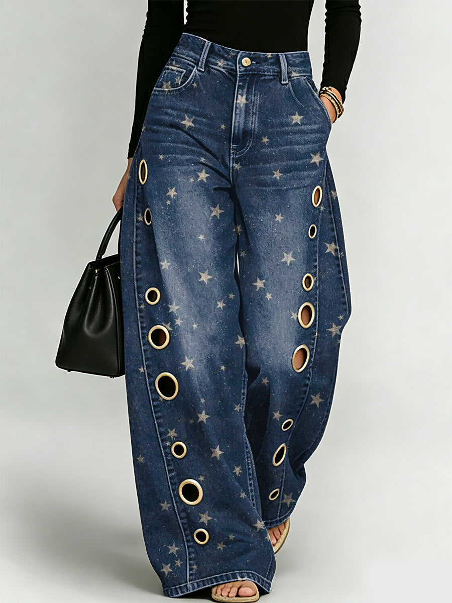 Retro Star Decorative Pattern Women's Casual Denim Pants