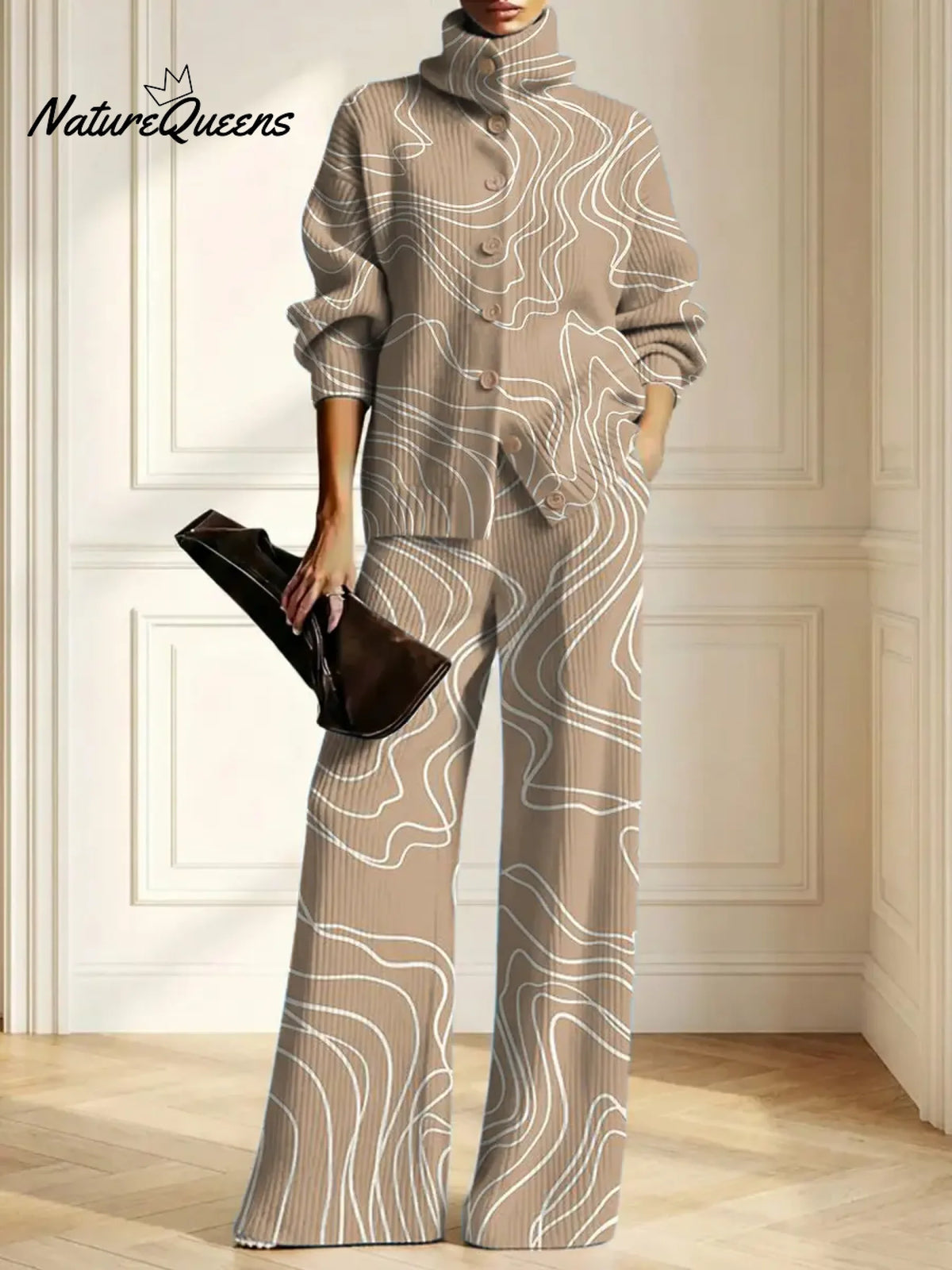 Women's Abstract Pattern Art Print Casual Cotton Knitted Suits