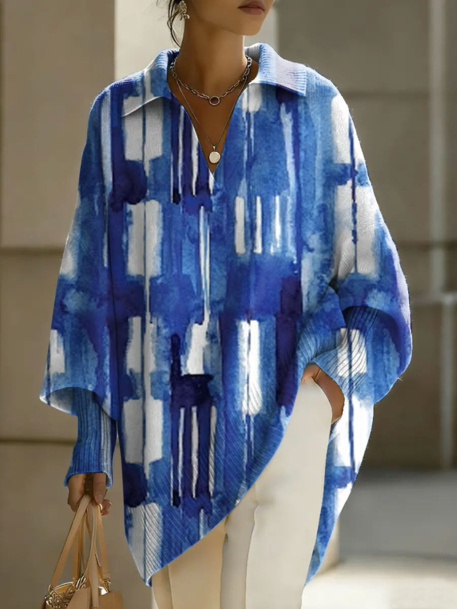 Women's Abstract Art Geometry Patterns V-neck Long-sleeved Casual Loose-fitting Knitted Pullover Sweater