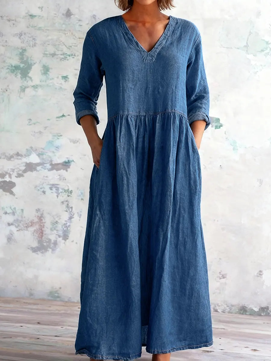 Women's Casual V-neck Denim Cotton Dress