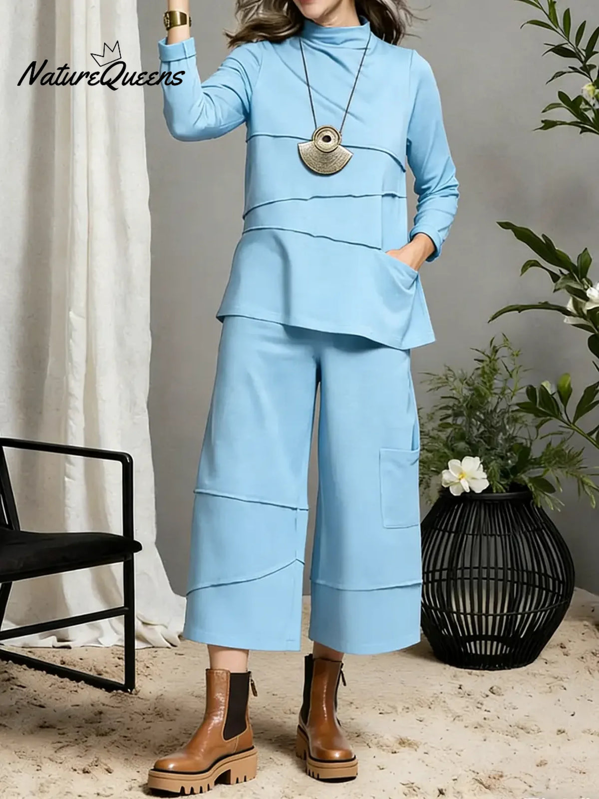 Women's Solid Color Stand-collar Long-sleeved Casual Loose Cotton Top And High-waisted Loose Wide-leg Pants Set.