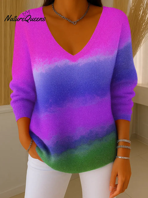Women's Colorful V-neck Long-sleeved Sequined Casual Loose Sweater