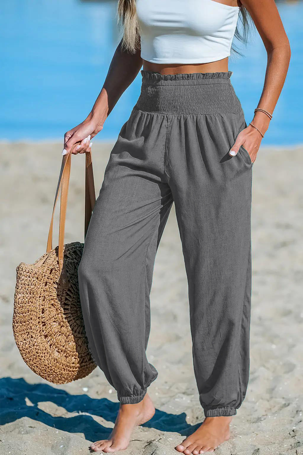 Women's Solid-color Casual Tapered Pants With Elastic Waist