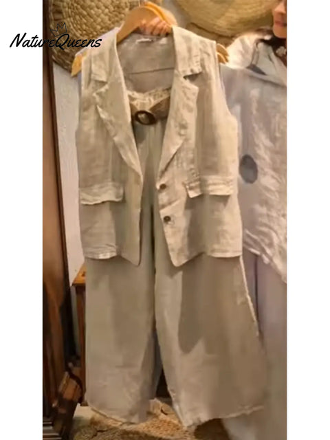 Women's Casual Linen And Cotton Vest And Trousers Two-piece Set