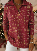 Vintage Golden Christmas Tree Print Lapel Casual Knit Sweater