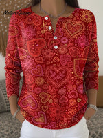 Valentine's Day Heart And Flower Decorative Pattern Casual Cardigan Collar Long Sleeve Sweater