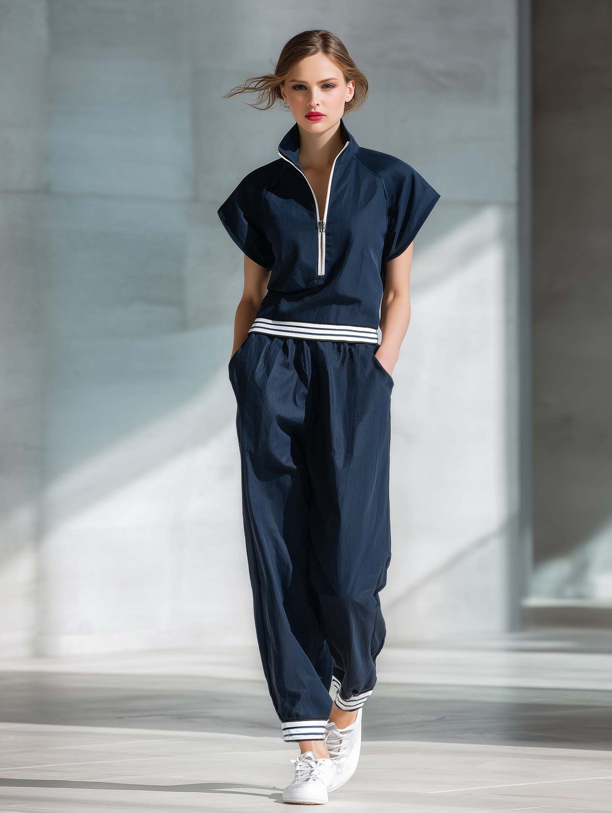 Athletic-casual Style Half-zip Cotton Top And Pants Two-piece Set