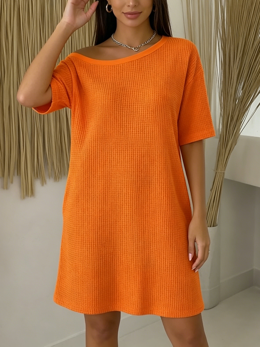 Casual Off-shoulder Loose Waffle Dress