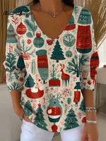 Women's Vintage ChristmasArt Print CasualSweater