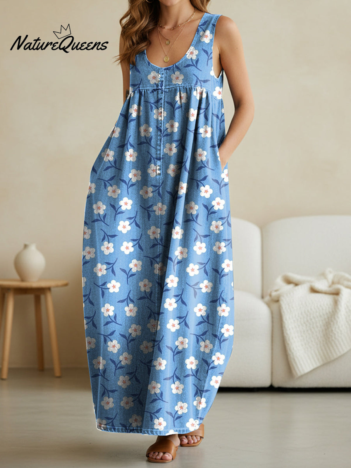 Women's Vintage Cute Little Flowers Print Casual Loose Denim Vest Dress