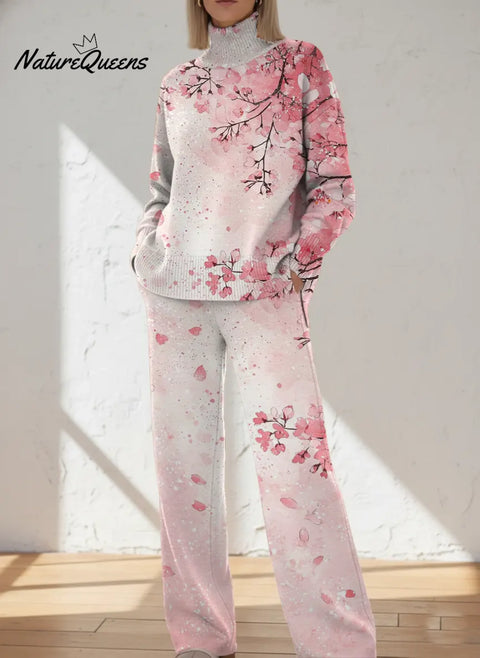 Retro Pink Gradient Flower Casual High-neck Top And Straight-leg Pants Set