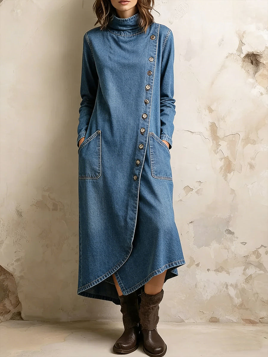 Women's Stand-collar Long-sleeved Casual Loose Denim Dress