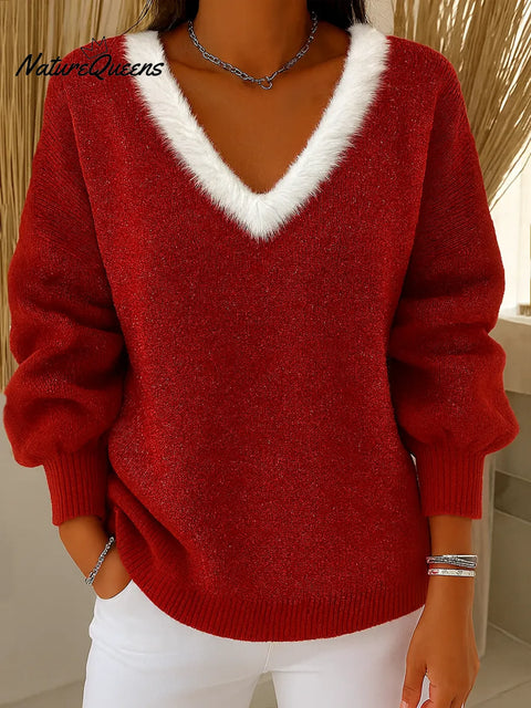 Women's V-neck Long Sleeve Casual Loose Knit Pullover