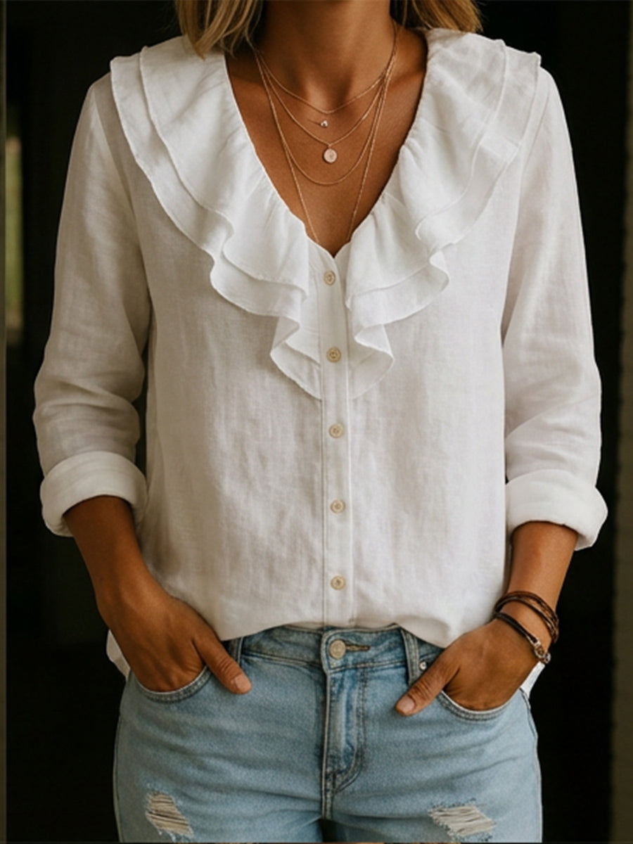Women's Ruffled Collar Linen And Cotton Shirt