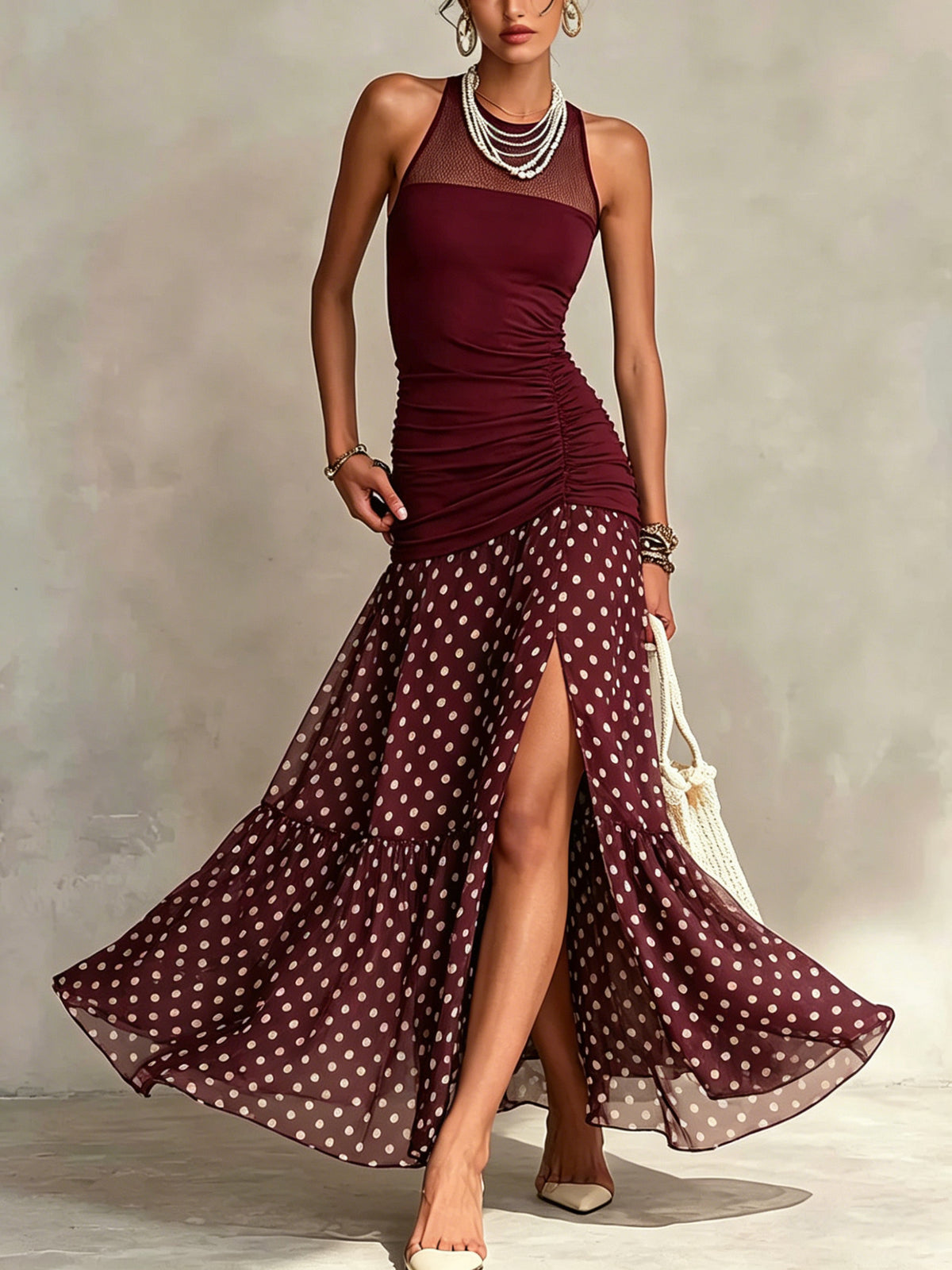Sheer Polka-dot Chiffon Sleeveless Maxi Dress