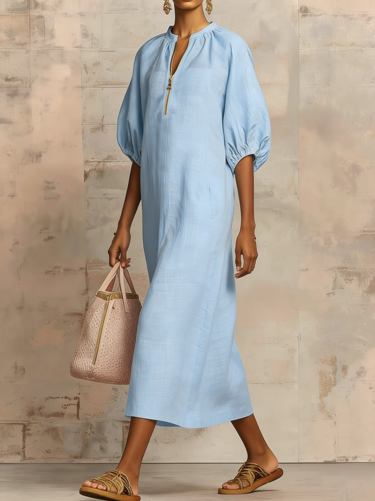 Stylish Zippered Loose Linen-cotton Midi Dress