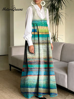 Women's Retro Splicing Colorful Stripe Pattern Art Print Casual Cotton Denim Dress