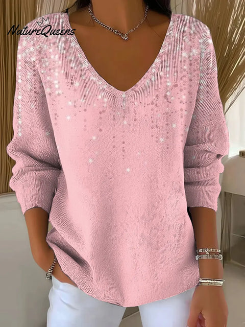 Women's Pink Shiny Print V-neck Sweater