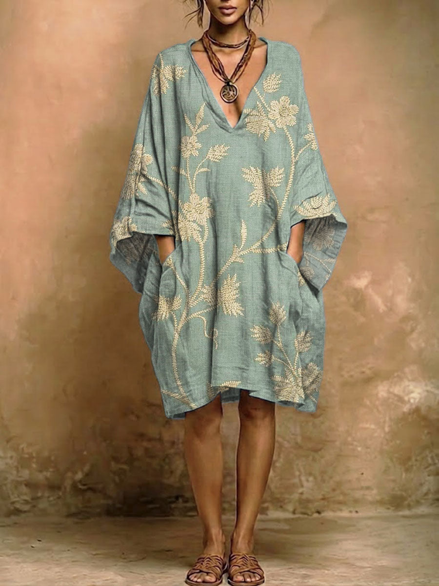 Women's Vintage Floral Cotton-linen Pocket Dress