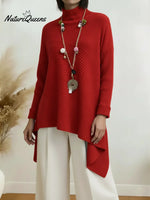 Women's Cozy High-neck Pullover Sweater With Asymmetrical Hem