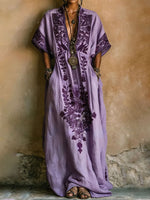 Women's Long Cotton-linen Dress With Embroidered Pattern Print
