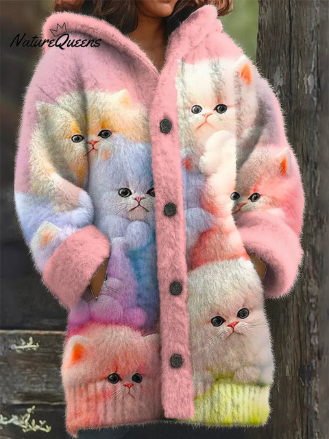 Women's Funny Cats Pattern Art Print Casual Fleece Coat