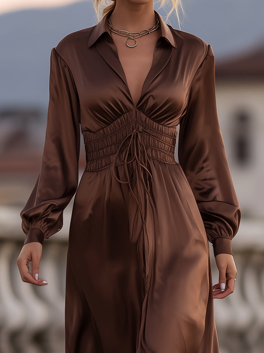 Satin Cinched Waist Mocha Brown - Maxi Dress