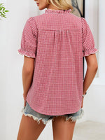 Women's Ruffled Stand Collar Plaid Short-sleeve Shirt