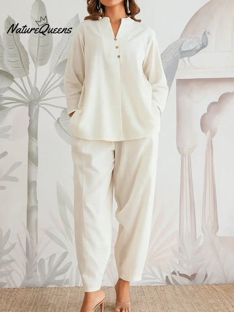 Women's Solid Color V-neck Long-sleeved Casual Loose Cotton And Linen Top And High-waisted Casual Jogger Pants Set