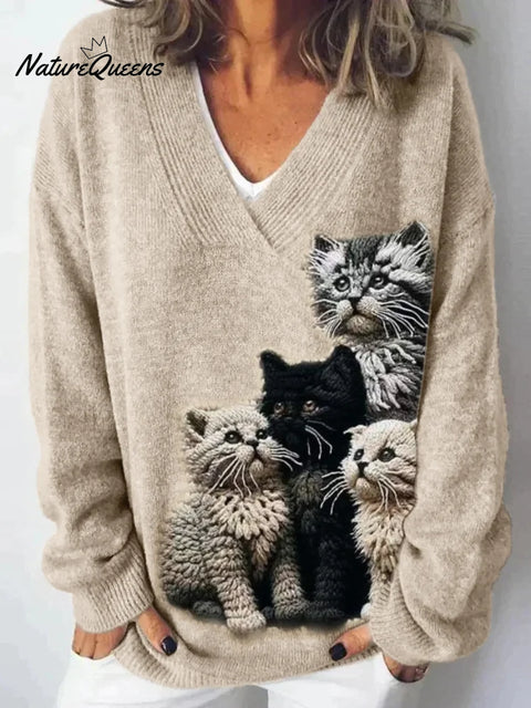 Women's Funny Cats Art Print Casual Knit Sweater