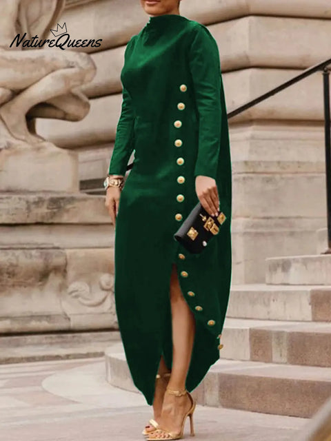 Women's Solid Color Round Neck Long Sleeve Casual Button Loose Fit Dress