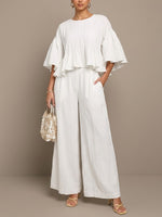 Women's White Pleated Cotton-linen Ruffle Sleeve Two-piece Set
