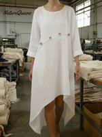 Cozy Patchwork Button-decorated Linen Dress