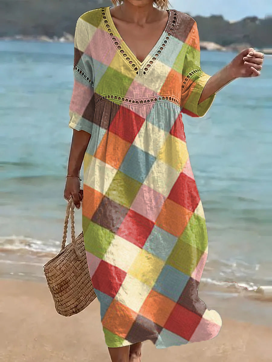 Bohemian-style Color-block Plaid Art Print Cotton-linen Dress
