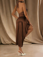 Round Neck Sexy Slit Tie Backless Pleated Bodycon Maxi Dress