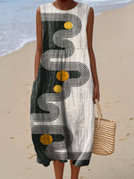 Women's Vintage Geometry Art Print Sleeveless Cotton Pocket Wrap Dress