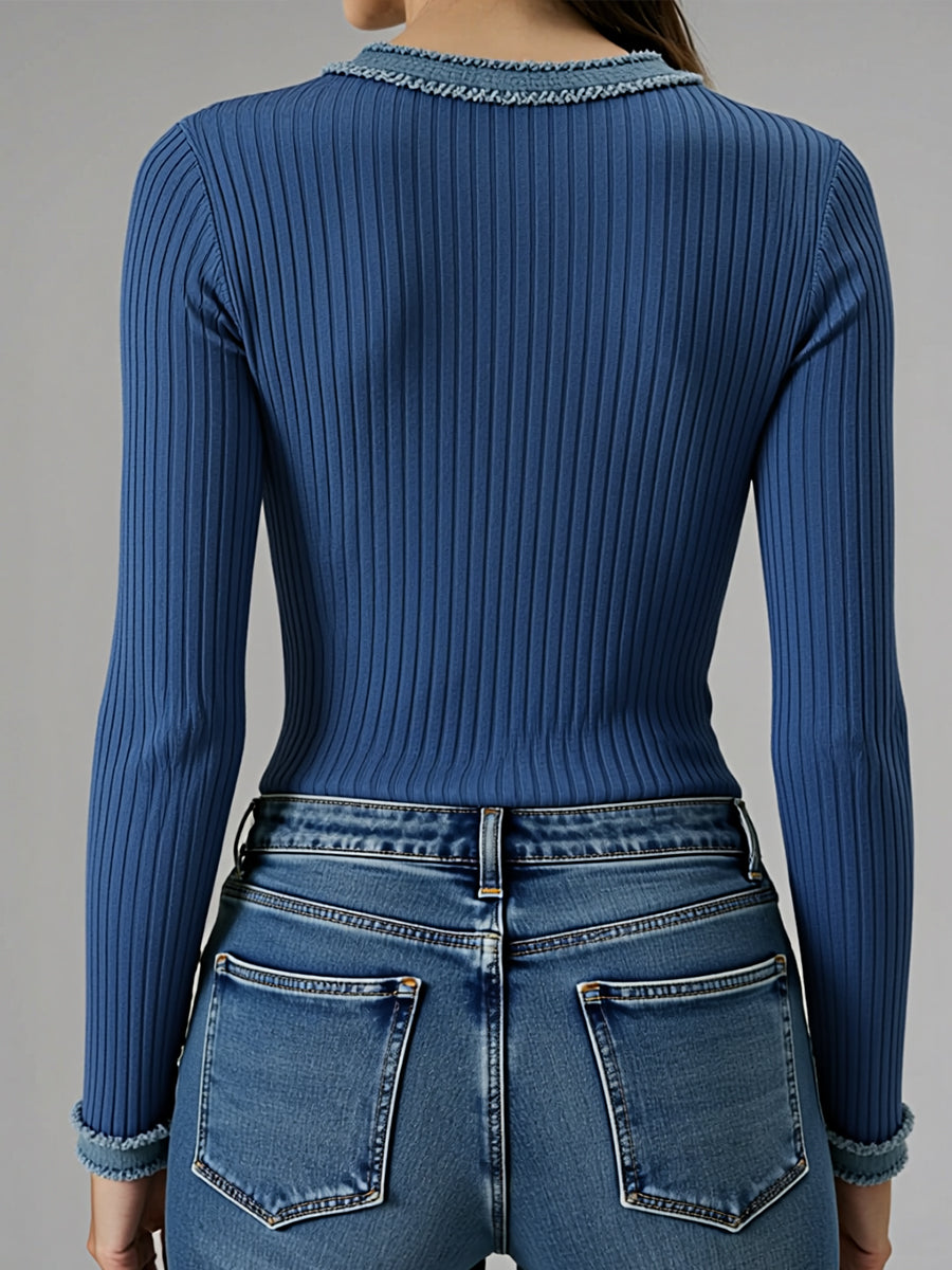 Casual Patchwork Denim Webbing Knit Top