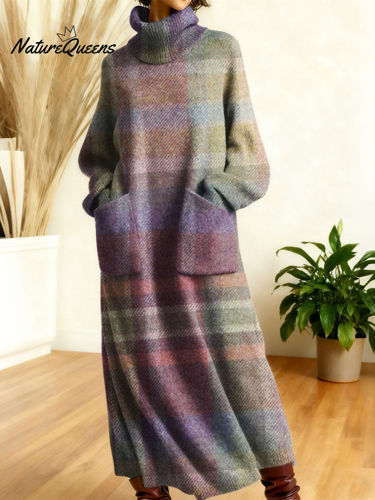 Women's Retro Colors And Plaid Patterns Art High-neck Long-sleeve Casual Loose Knit Dress
